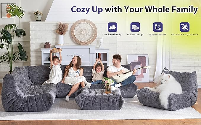 HABUTWAY Bean Bag Chair, Giant Bean Bag Chairs for Adults, Fireside Chair, Lazy Large Floor Bean Bag Sofa for Living Room, Bedroom, Dorm, Office (Grey)