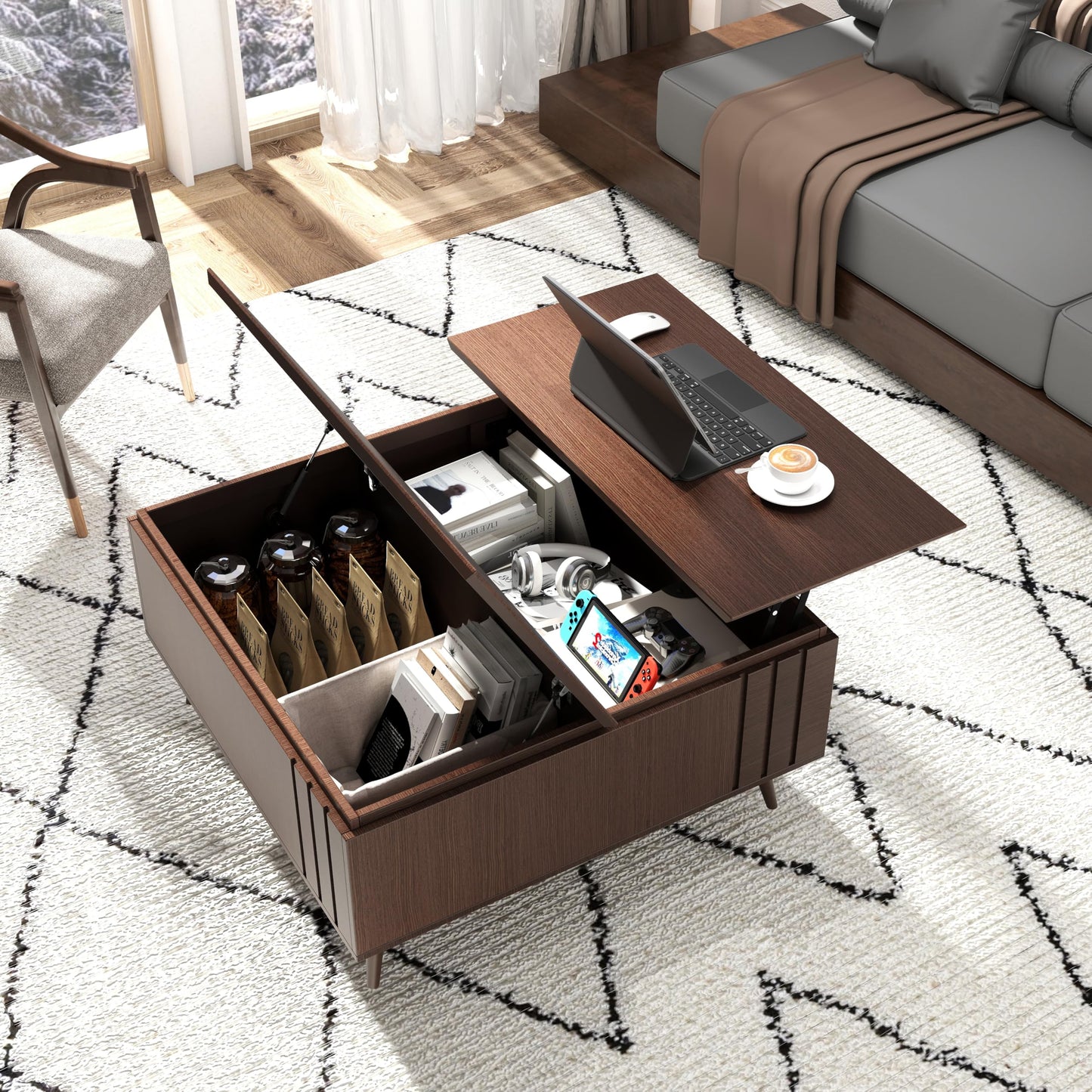 JOINICE 36.2" Lift Top Coffee Table with Storage, Large Square Coffee Tables with Hidden Compartment, Mid Century Modern Center Table for Home Office,Living Room,Dark Walnut