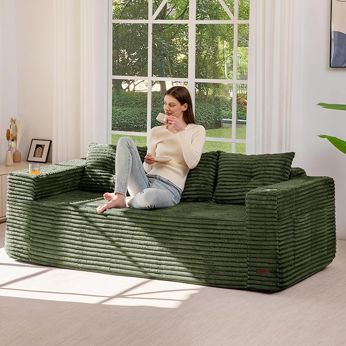 MAXYOYO 79" Oversized Boneless Loveseat Sofa Couch for Small Spaces, Mini Love Seat Floor Couch with Cup Holders and Pillows, 3-Seater Upholstered Cloud Couch for Bedroom, No Assembly Required
