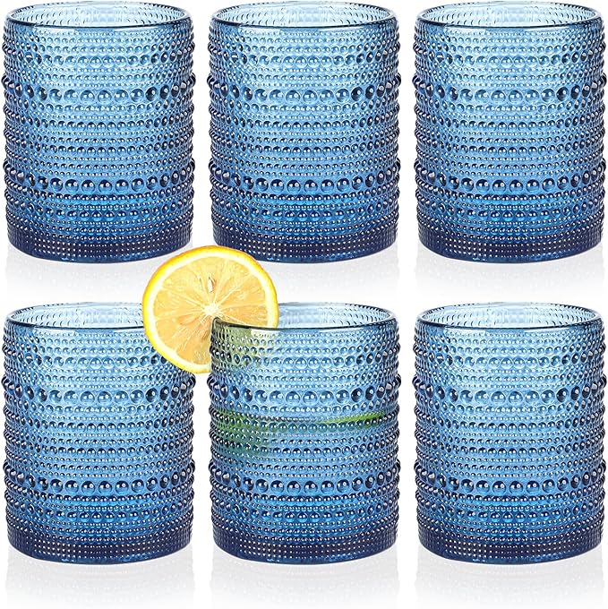 KMIGRUAN Hobnail Drinking Glasses Set of 6,12oz Blue Vintage Glassware,Cocktail Glasses,Embossed Glass Cups,Water Tumbler ...