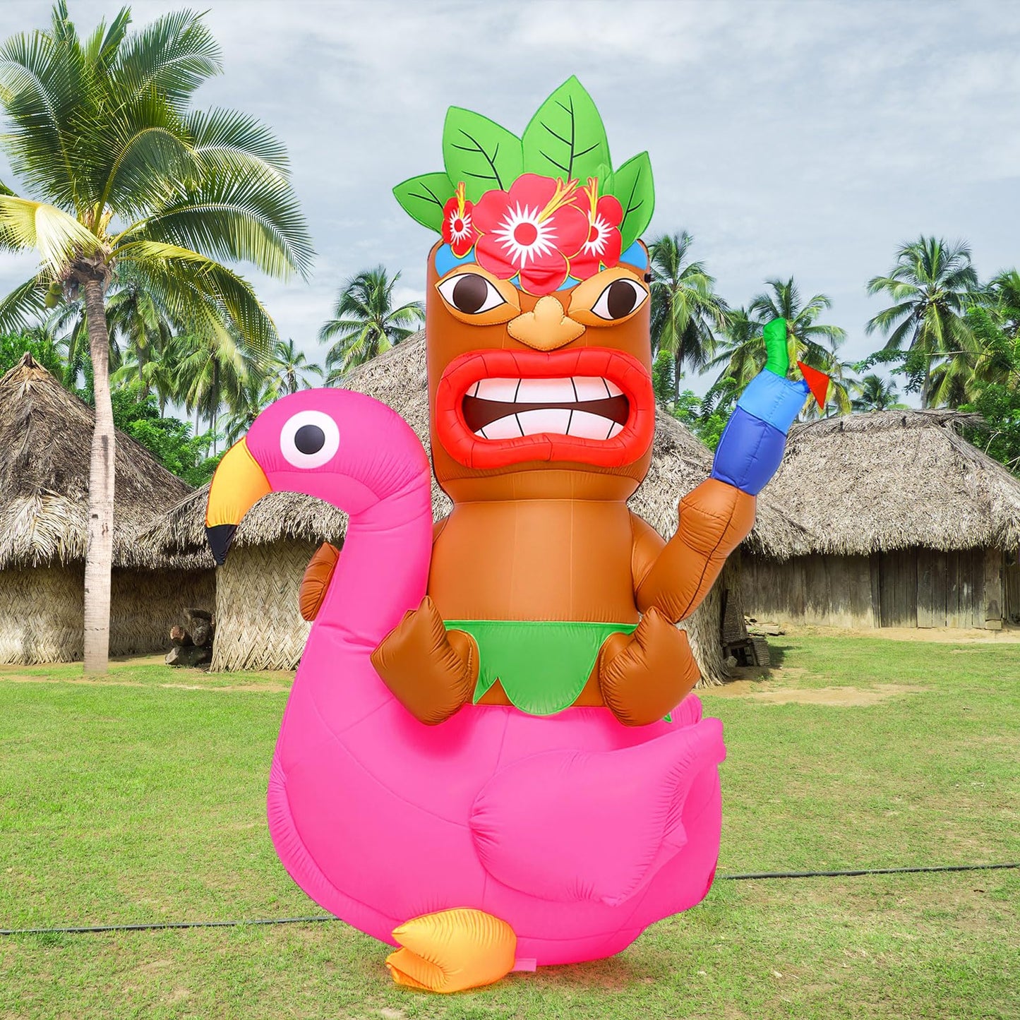 Shappy 5 ft Inflatable Tiki Flamingo Surfboard Luau Hawaiian Party Decorations Summer Inflatables Outdoor LED Lighted Tiki Blow up Beach Tropical Pool Surfing Yard Party Supplies Favors(Delicate)