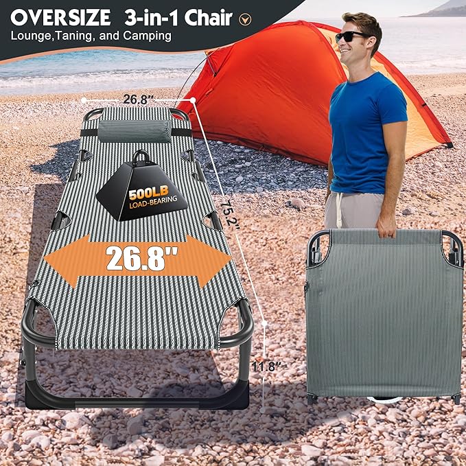 MOPHOTO Folding Chaise Lounge Chair 5-Position, Folding Cot, Heavy Duty Patio Chaise Lounges for Outside, Poolside, Beach, Lawn, Camping
