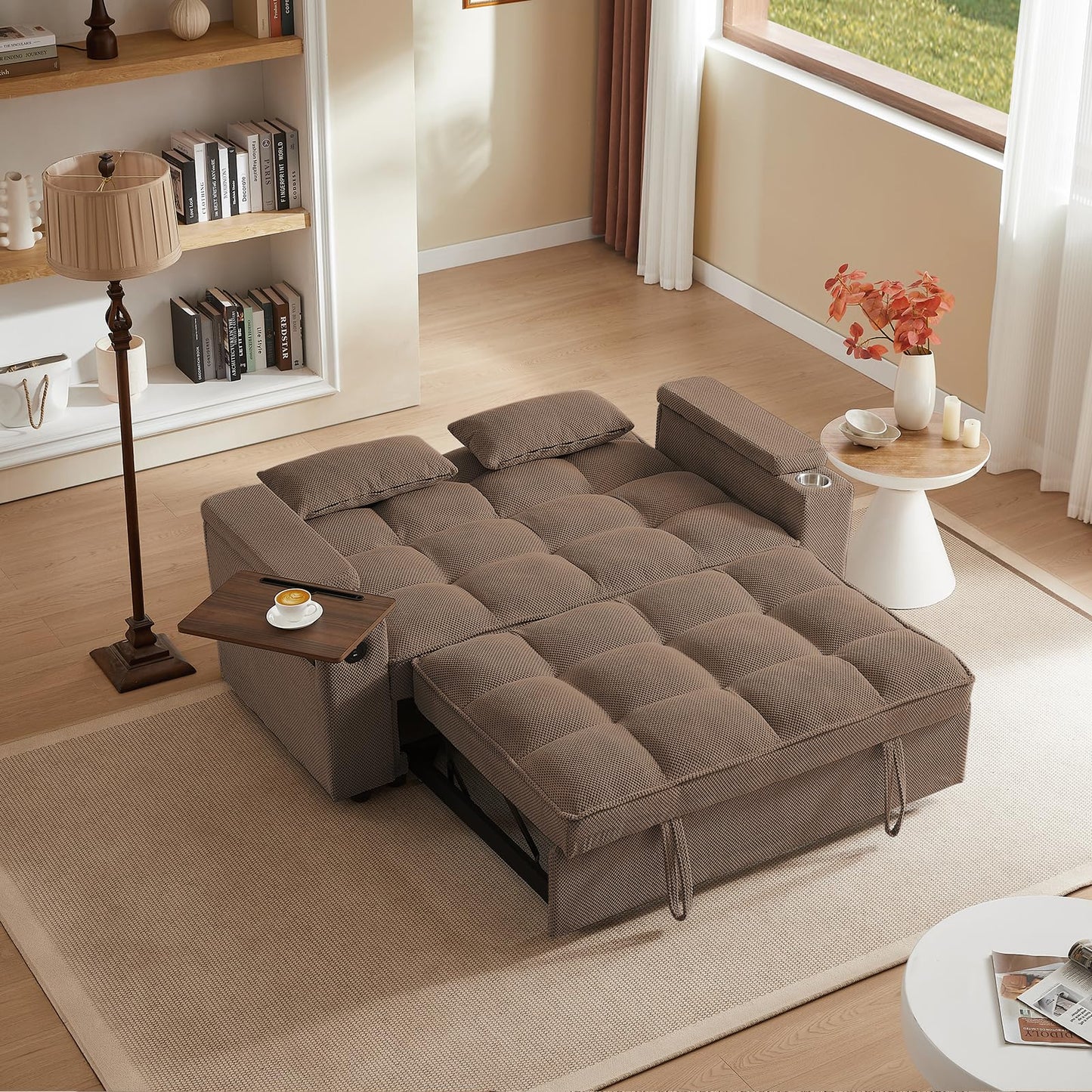 hansones 65'' 3-in-1 Folding Convertible Sofa Bed, Queen Size Pullout Sofa, Modern Chenille Fabric, 360° Swivel Side Table, Easy Assembly, Perfect for Living Room