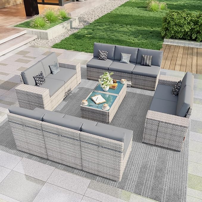 PCSXDSW 12-Piece Outdoor Patio Furniture Set, Rattan Wicker Conversation Set with Wide Armrests, Outdoor Modular Sectional Couch Seating Group Sofa for Deck Garden Porch (Gray Cushions)