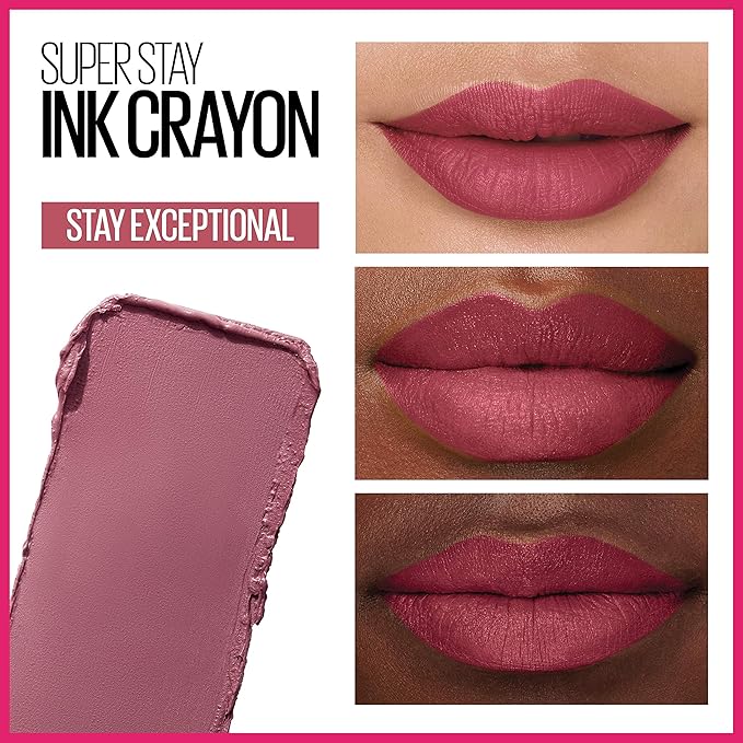Maybelline Super Stay Ink Crayon Lipstick Makeup, Precision Tip Matte Lip Crayon with Built-in Sharpener, Longwear Up To 8Hrs, Stay Exceptional, Purple Beige, 1 Count