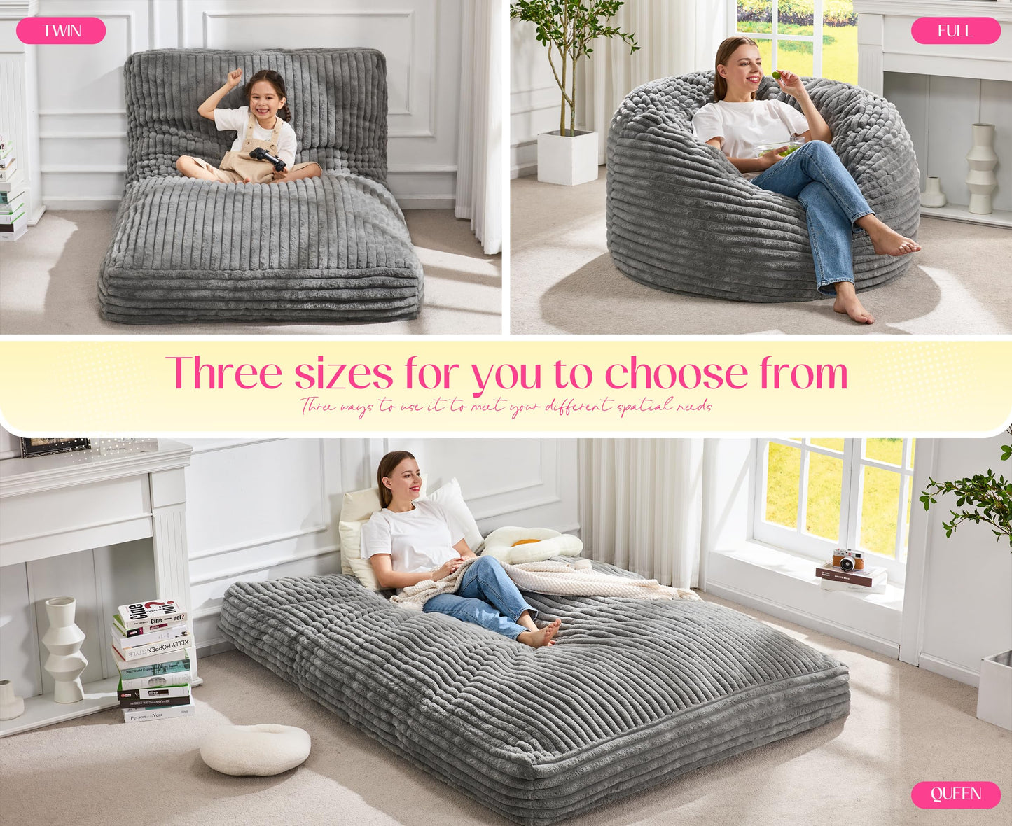 Hobestluk Bean Bag Chair Convertible Beanbag Chairs for Adults, 3 in 1 Bean Bags with Stripe Cover, Adult Bean Bag Chair for Living Room, Bedroom (Grey, Full)