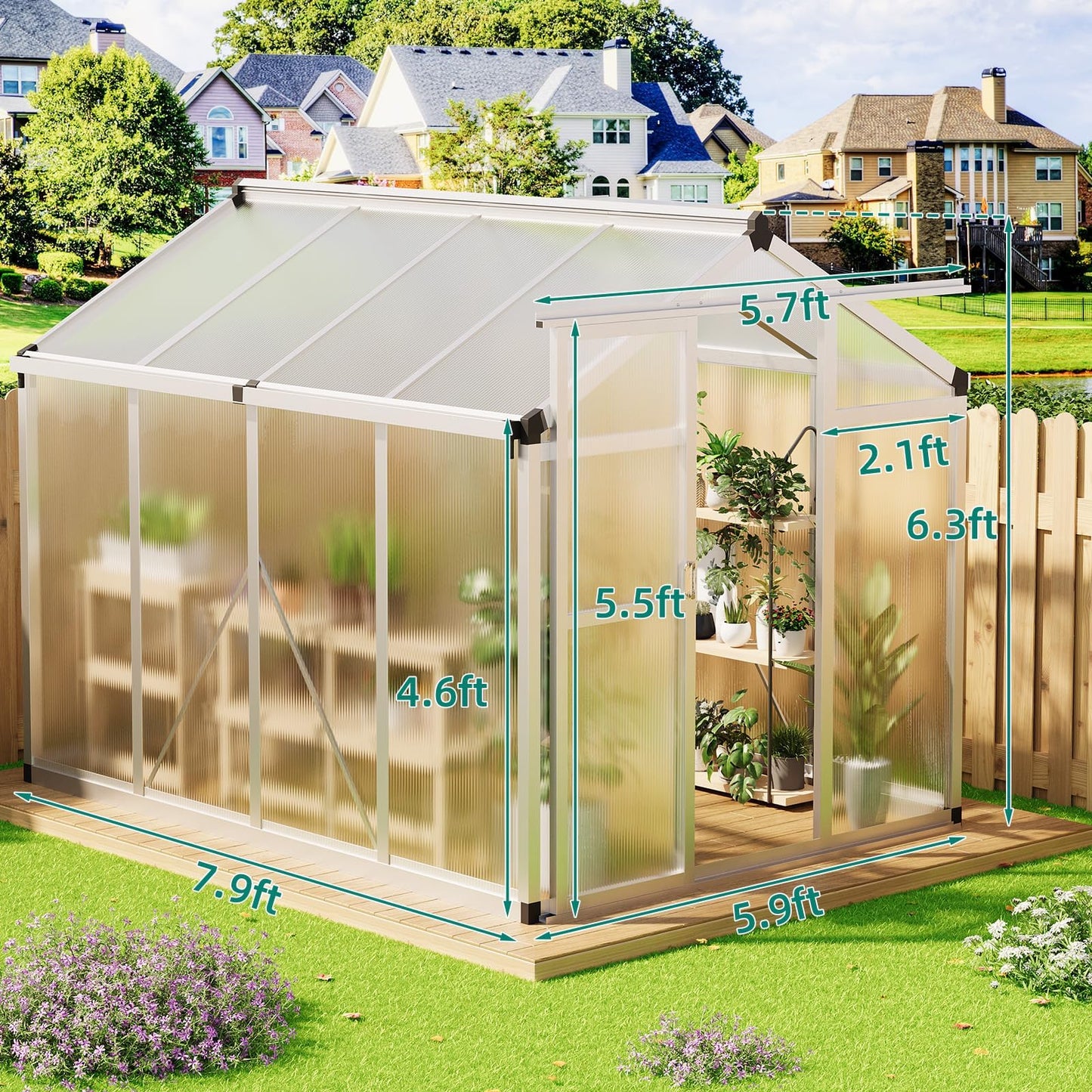 GAOMON 6 x 8 ft Greenhouse, Greenhouses for Outside, Polycarbonate Greenhouse with Aluminum Frame, Lockable Door, Adjustable Roof Vent, and Patio Garden Backyard Use, Silver