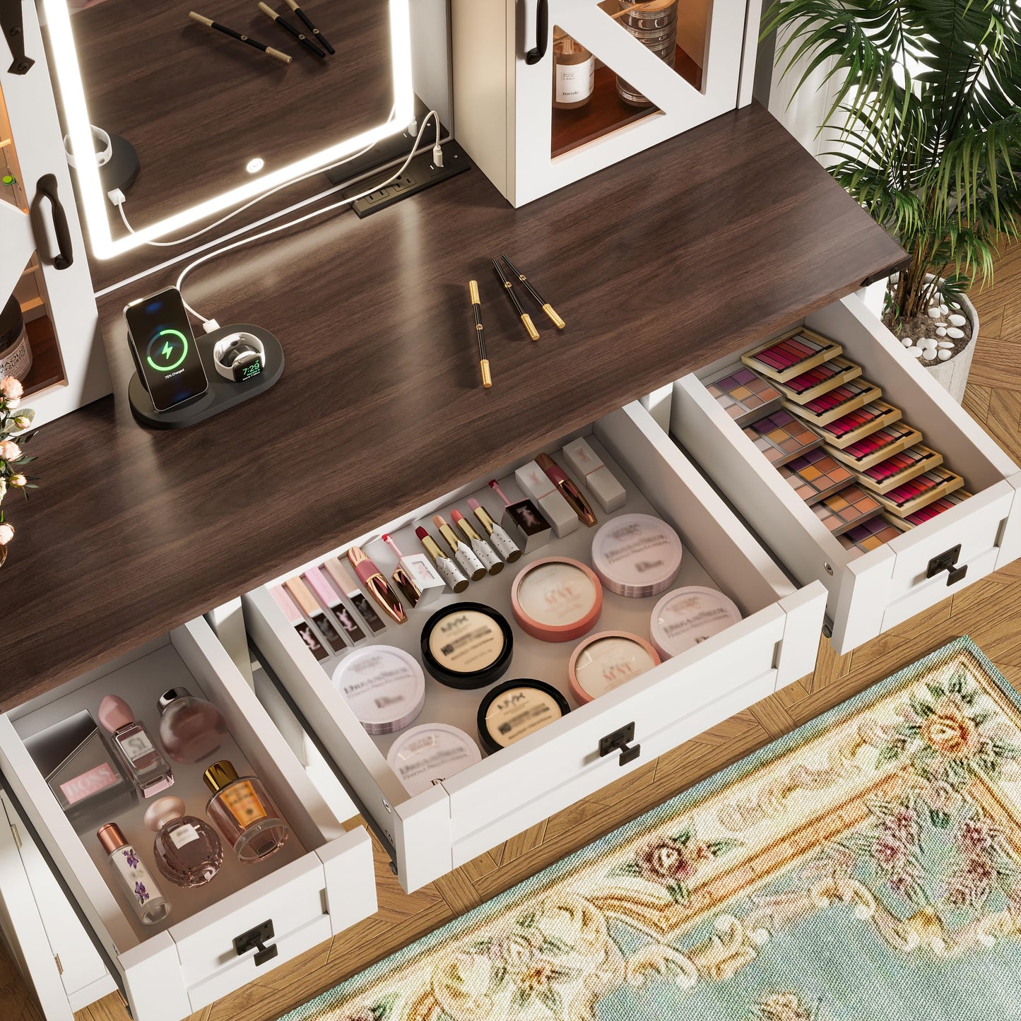 GDFStudio 43.3" Farmhouse Makeup Vanity Desk with Lighted Mirror, Dressing Table Set with Sliding Barn Door Hidden Shelves, 3 Drawers & 4 Cabinets, Charging Station, Beige and White Finish