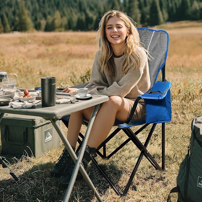 Matrasco Oversized Padded Camping Chair, Heavy-Duty Steel Frame for 450 lbs Supports, Convenient 6-Can Cooler, Portable Carry Bag, Perfect for Outdoor, Beach, and Hiking (Gray & Sapphire Blue)