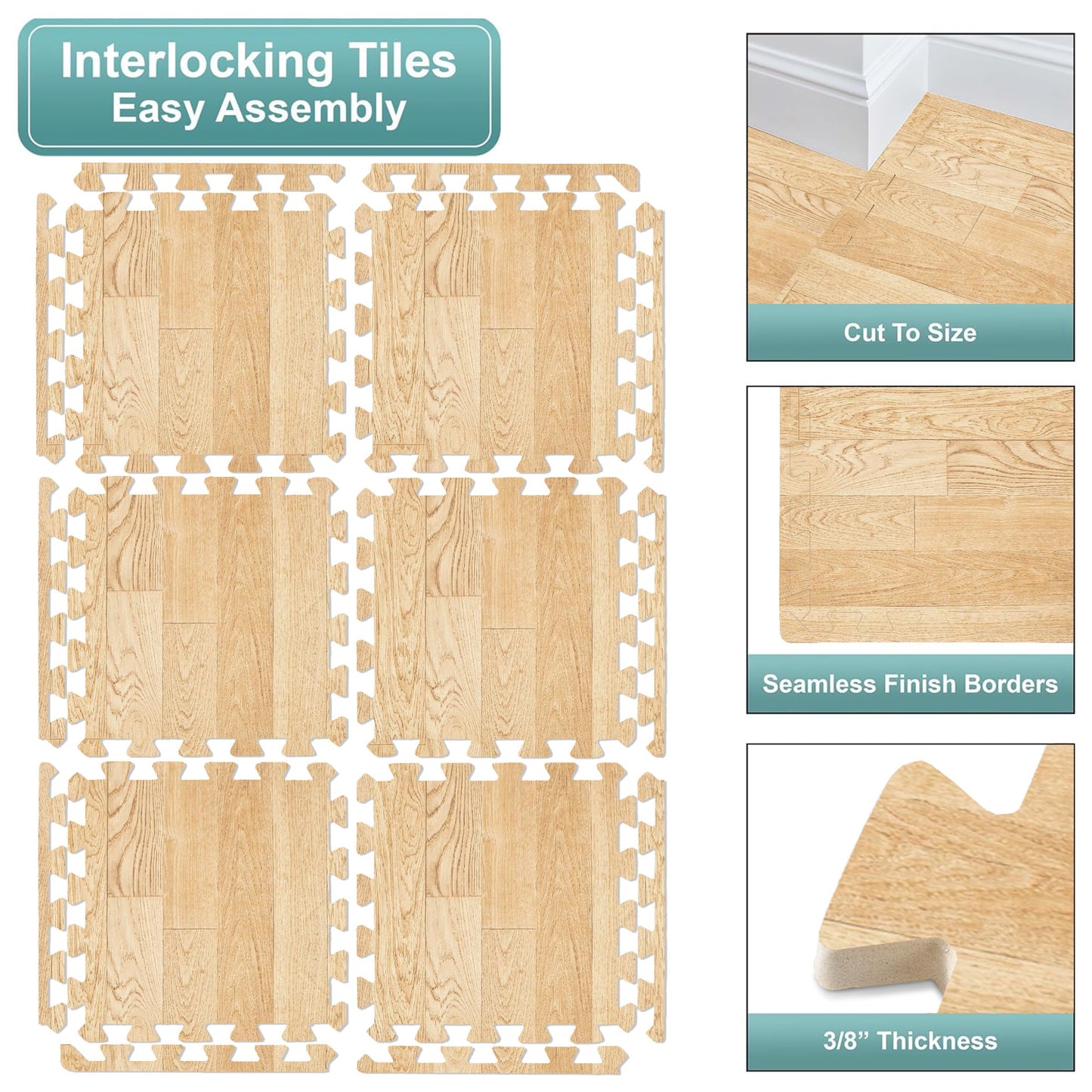 Sorbus Wood Grain Floor Mats Foam Interlocking Mats Each Tile 1 Square Foot 3/8-Inch Thick Flooring Wood Mat Tiles - Home Office Playroom Basement Trade Show (16 Tiles,16 Sq ft, Wood Grain - Pine)