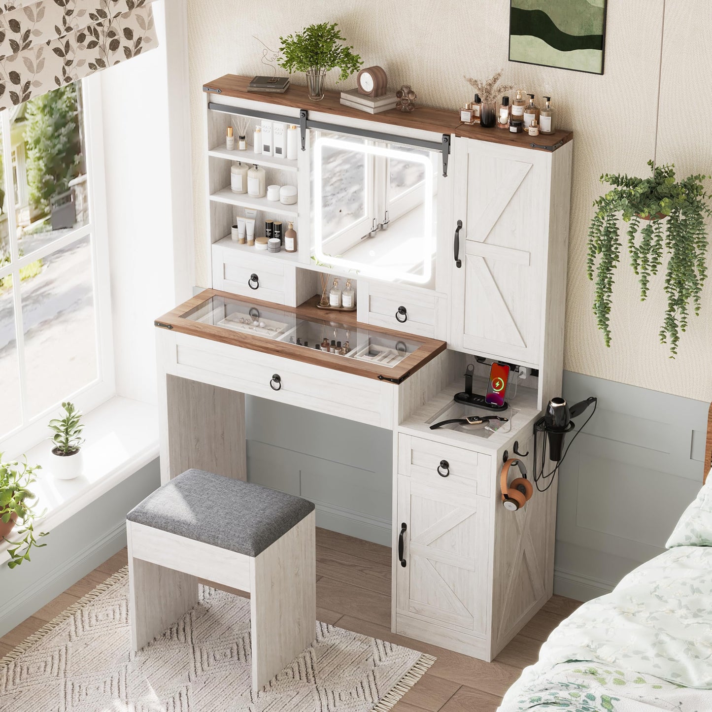 Merax Farmhouse Vanity Desk with Sliding Mirror and Lights, Elegant Dressing Table with Stool for Bedroom, Makeup Vanity Table & Glass Top Drawers and Charging Station, White