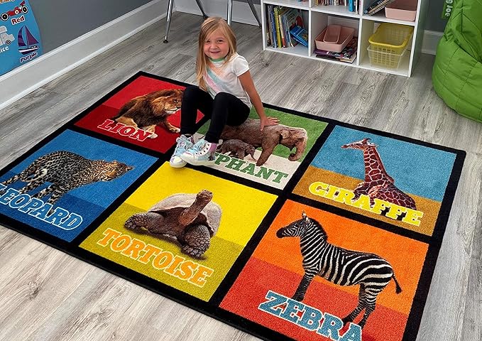 KIDCARPET.COM Animal Picture Squares 4' x 6' Rectangle Area Rug, Educational Classroom Rug, Kids Learning Play Mat | Area Rug for Bedroom or Playroom