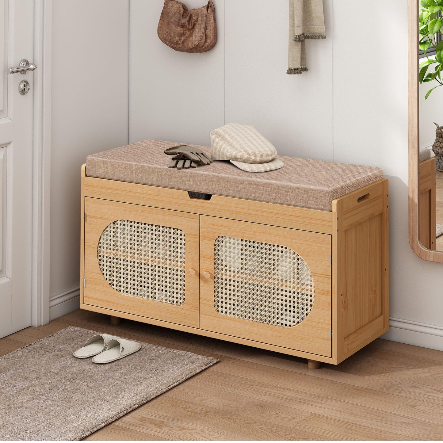 PETKABOO Rattan Shoe Storage Bench,Bamboo Entryway Bench, 2-Tier Shoe Rack,35.4" W x 12.6" D x 19.7" H with 2 Doors & Padded Seat Cushion for Entryway, Living Room, Bedroom, Natural