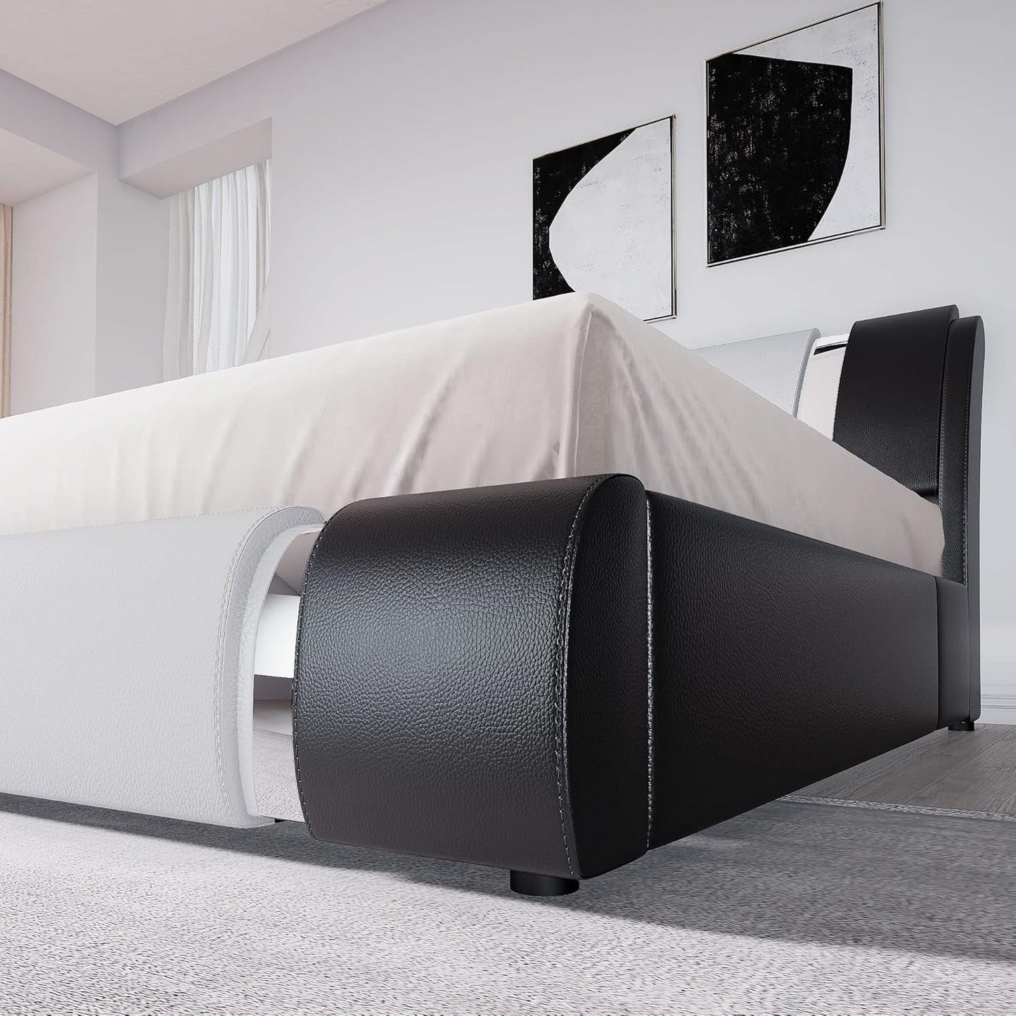 Queen Bed Frame with Iron Piece Decor, Faux Leather Upholstered Platform Bed with Adjustable Headboard & Strong Wooden Slats, No Box Spring Needed, Black and White
