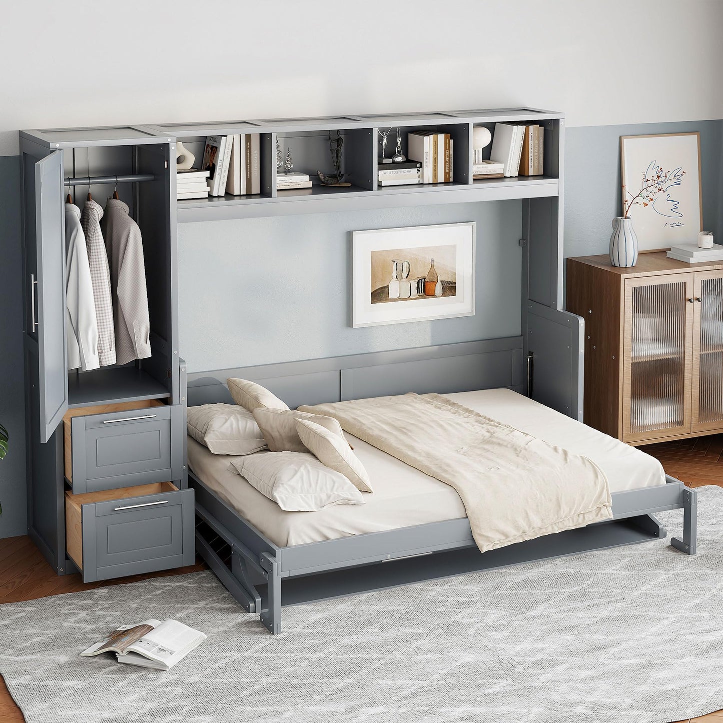 Merax Queen Size Murphy Bed, Wall with Closet and Drawers, Storage Space Saving Muti-Functional Beds Frame for Home Office Guest Room, Gray