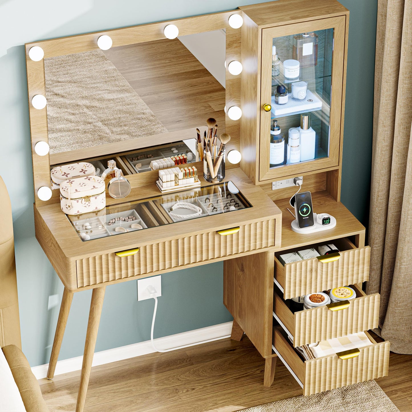 HUANLEGO Fluted Makeup Vanity Desk with Lights, 45" Glass Top Vanity Desk with Mirror and Lights &5 Drawers, Dressing Table with Lighted Mirror, Power Outlet & RGB Cabinet for Bedroom, Natural