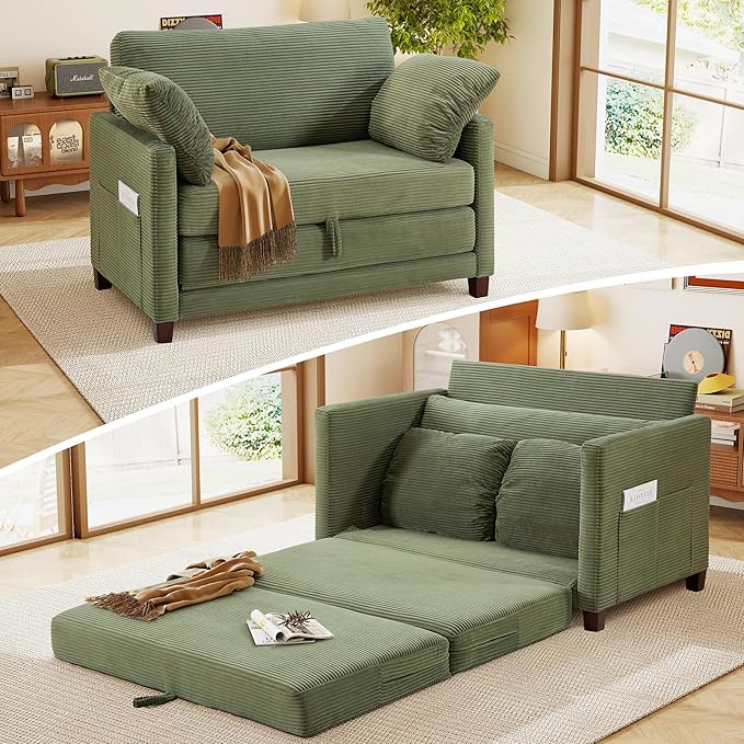 kakuboohi 51" Loveseat Sleeper Sofa Bed, Corduroy Convertible Floor Sofa Bed for Small Spaces, Folding Couch Bed with Deep Seat, 2 Pillows & Solid Frame, Pull Out Floor Couch for Living Room, Green