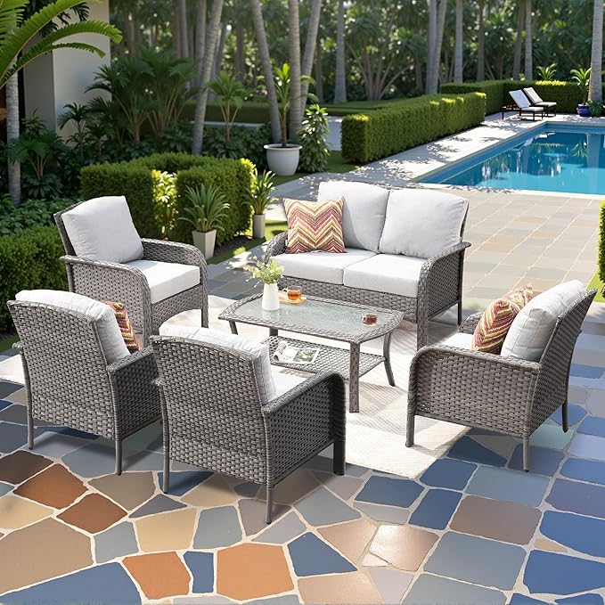 CAODOC 6-Piece Wicker Patio Furniture Set, All-Weather Rattan Conversation Bistro Loveseat Chair and Table Set for Backyard, Balcony and Deck with Soft Cushions and Metal Table(Grey)
