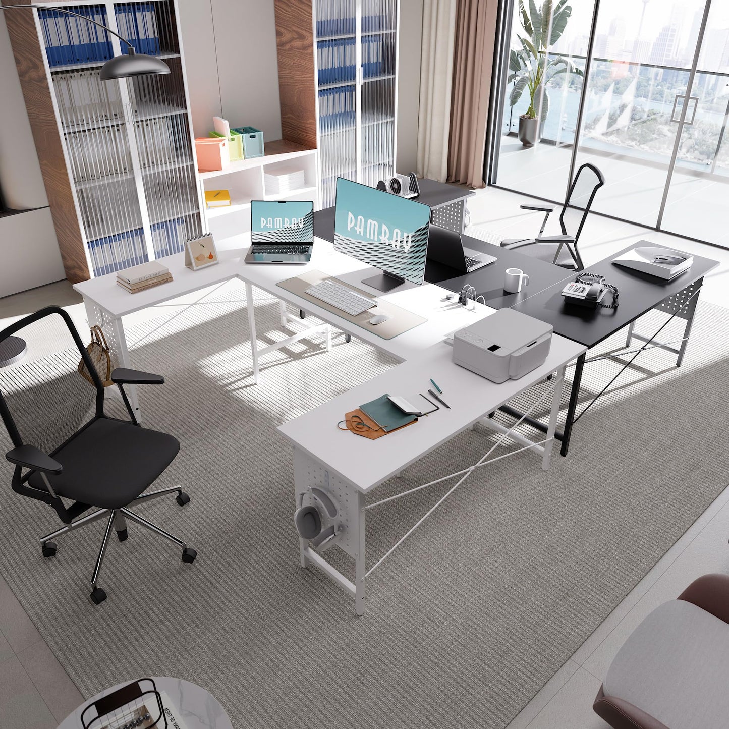 Pamray 71 Inch Large Computer Desk with Power Outlets,U Shaped Corner Desk for Home Office Work and Gaming White