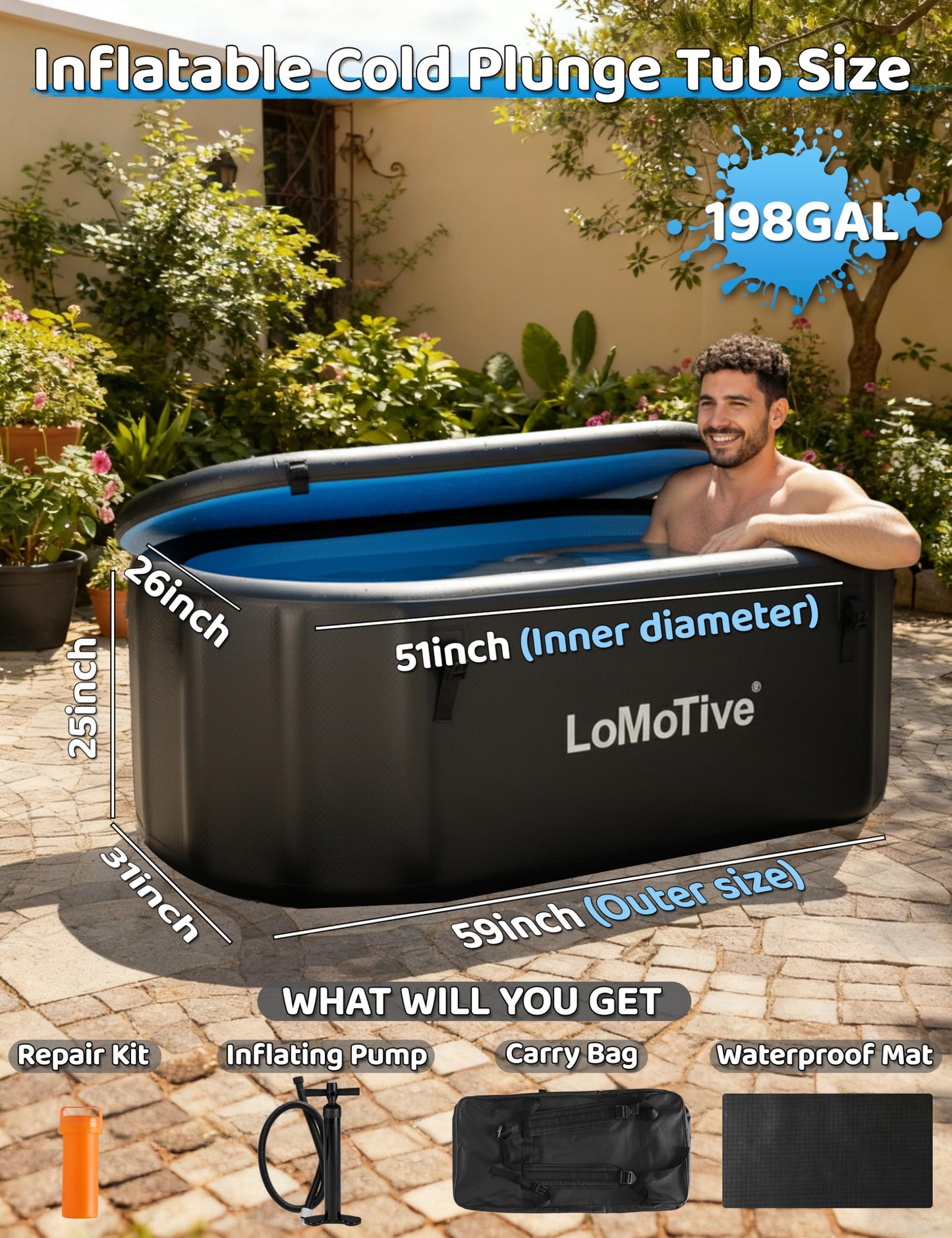 Cold Plunge Tub for Ice Bath and Recovery, 59” Inflatable Ice Bath Tub with Lid, 10cm Thick Insulated Portable Ice Tub for Athletes, Home & Outdoor Cold Therapy, 198 Gallon Large Ice Bath