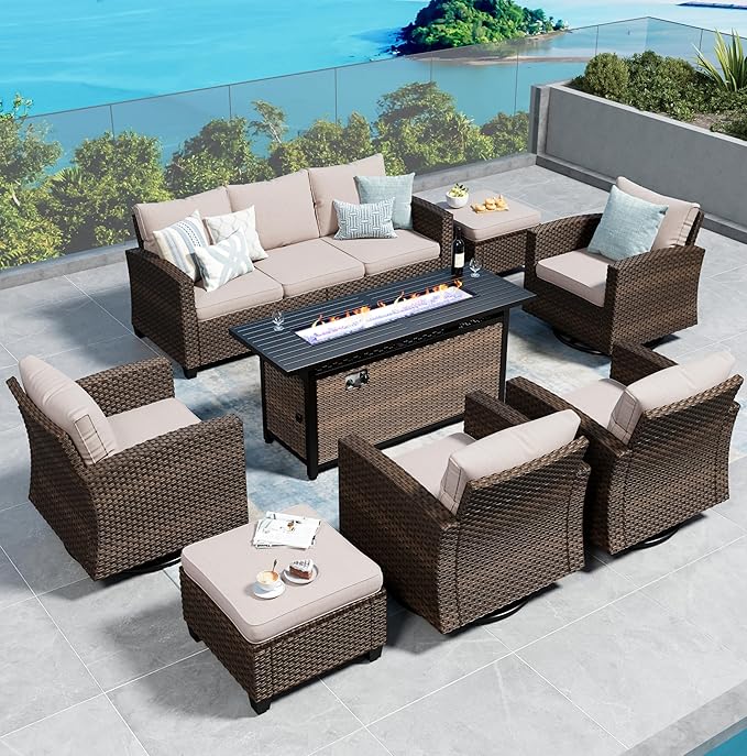 SUNSHINE VALLEY Swivel Glider Patio Furniture Set Outdoor Furniture Brown Wicker Rattan Patio Conversation Sets with Cushion Outside Sofa Set,7 Pieces with Rectangular Firepit Table,9 Seats,Beige