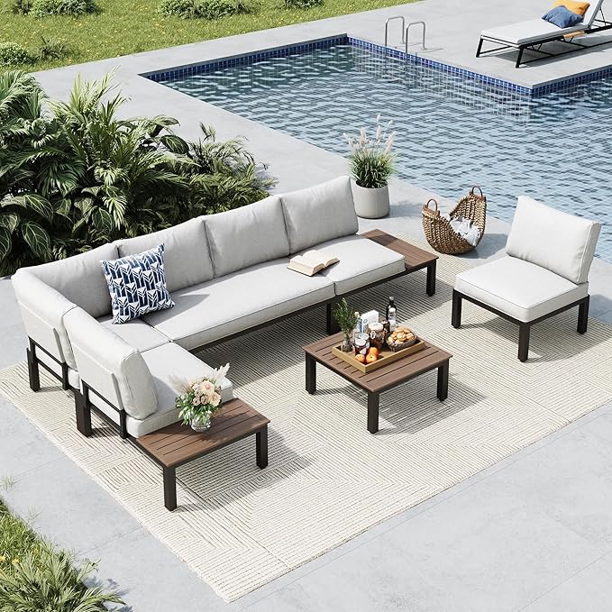 MFSTUDIO 6 Pieces Patio Furniture Set, Metal Outdoor Sectional Sofa Modular Outdoor Couch, Modern Patio Conversation Set with Coffee Table for Backyard, Garden