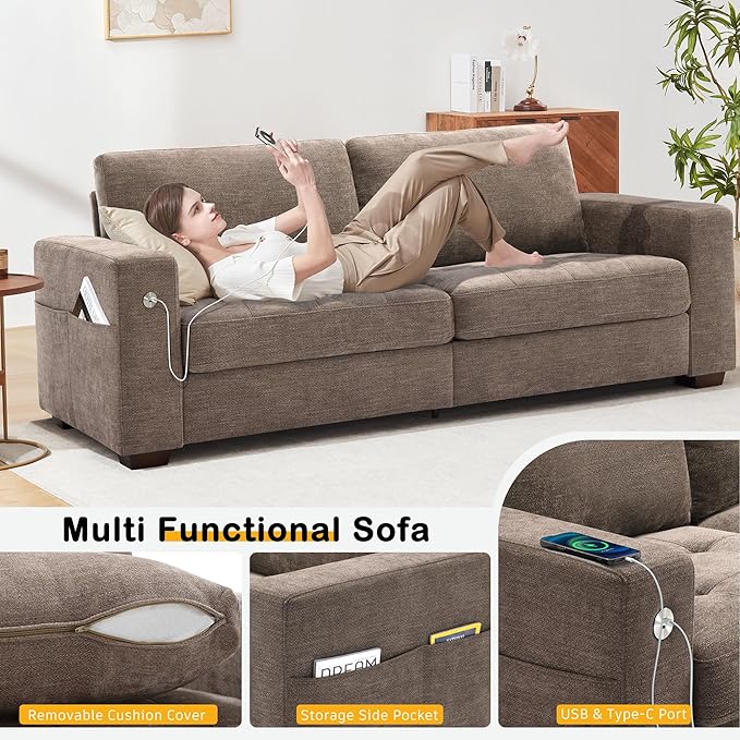 Hanherry Sofa for Living Room, Modern Comfy Sofa with Medium Firm Seat Cushion, Removable Cover,Wide Armrest,USB/Type-C Port,Chenille Fabric Couches for Small Space,Apartment (Brown, 89 inch)