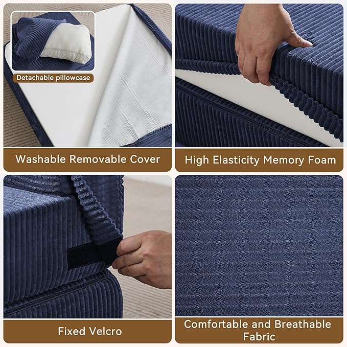 WUTUTUEE Folding Sofa Bed Convertible Floor Couch Foldable Chair Bed with Pillow，Linen Sleeper Chair Futon,Foldable Memory Foam Mattress for Bedroom/Living Room/Dorm/Office (Corduroy Navy, Standard)