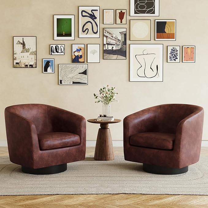 UIXE 360° Swivel Barrel Accent Chair Armchair, PU Leather Round Club Arm Chair for Lving Room, Modern Upholstered Small Bedroom Single Sofa Seat - Red Brown, Set of 2