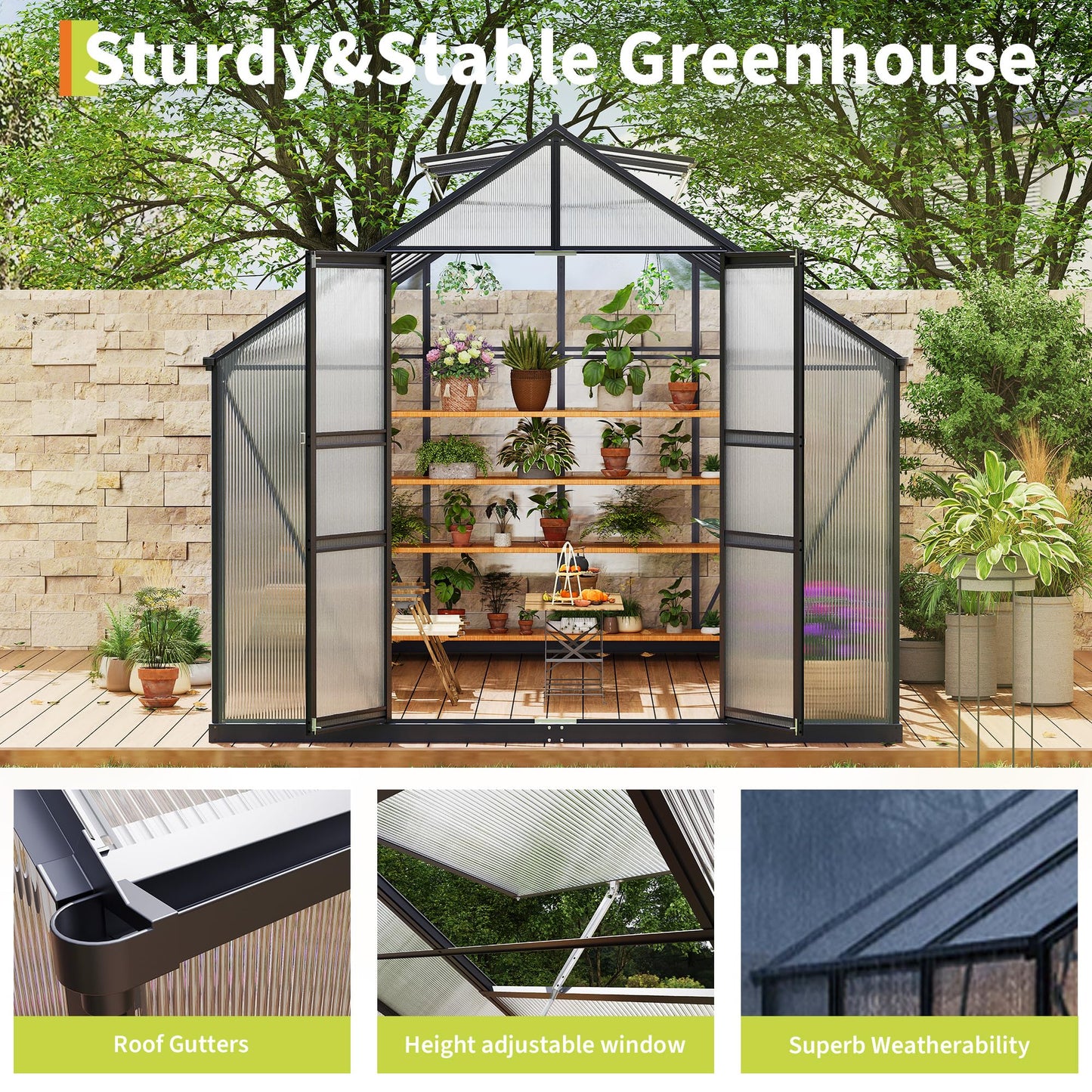 8×14FT Polycarbonate Greenhouse for Outdoors, Large Walk in Green House Kit and Winter Garden Planting, Enhanced Aluminum Green Houses for Outside to Protect Vegetables or Plants