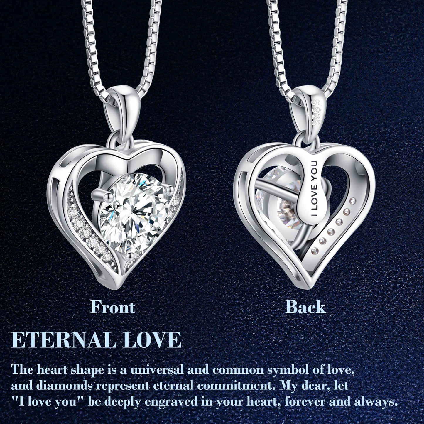 DALOJOE Moissanite Necklace for Women, 1-3 Carat Heart Necklace Engraved with 'I LOVE YOU', Birthday Gift for Wife, Anniversary Present for Wife Women, Jewelry Gifts for Christmas Valentine's Day