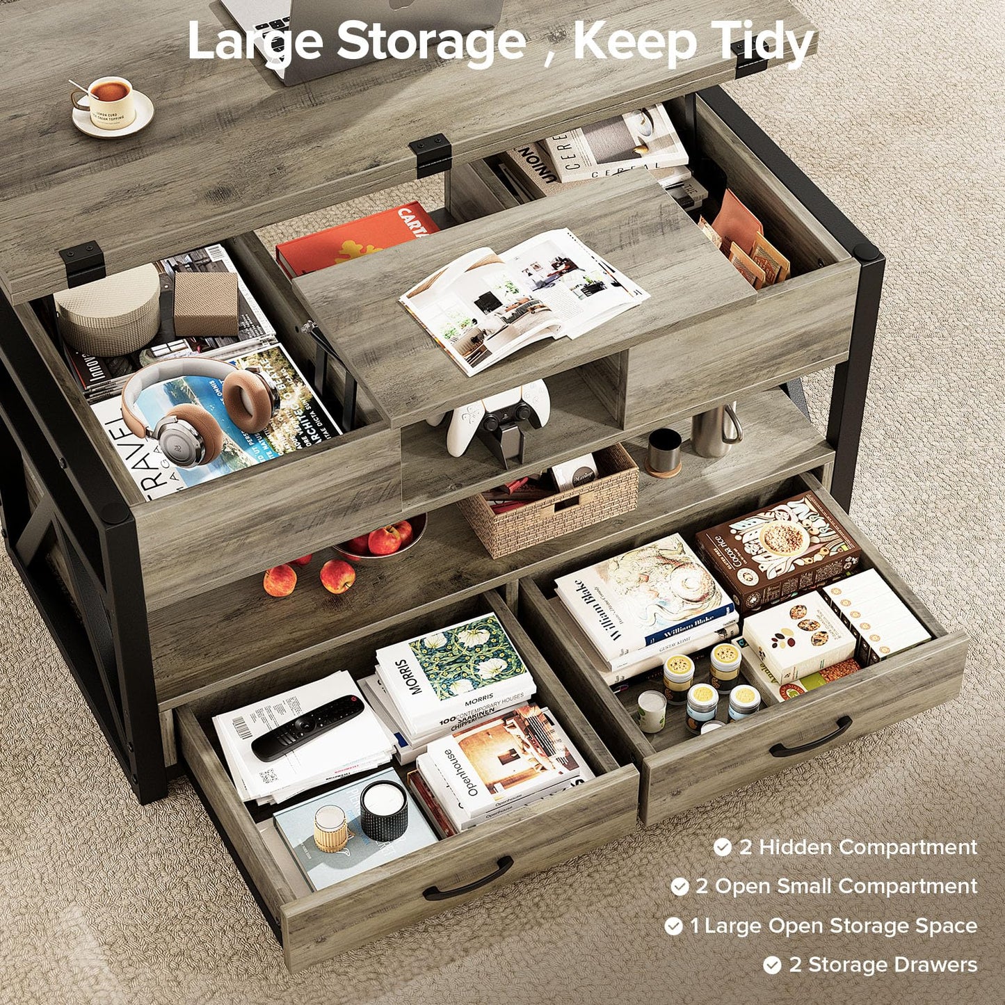 Memobarco 40" Lift Top Coffee Table,4 in 1 Multi-Function Lift Coffee Tables with Storage Drawers and Hidden Compartmen,Farmhouse Coffee Table with Lifting top for Living Room,Grey