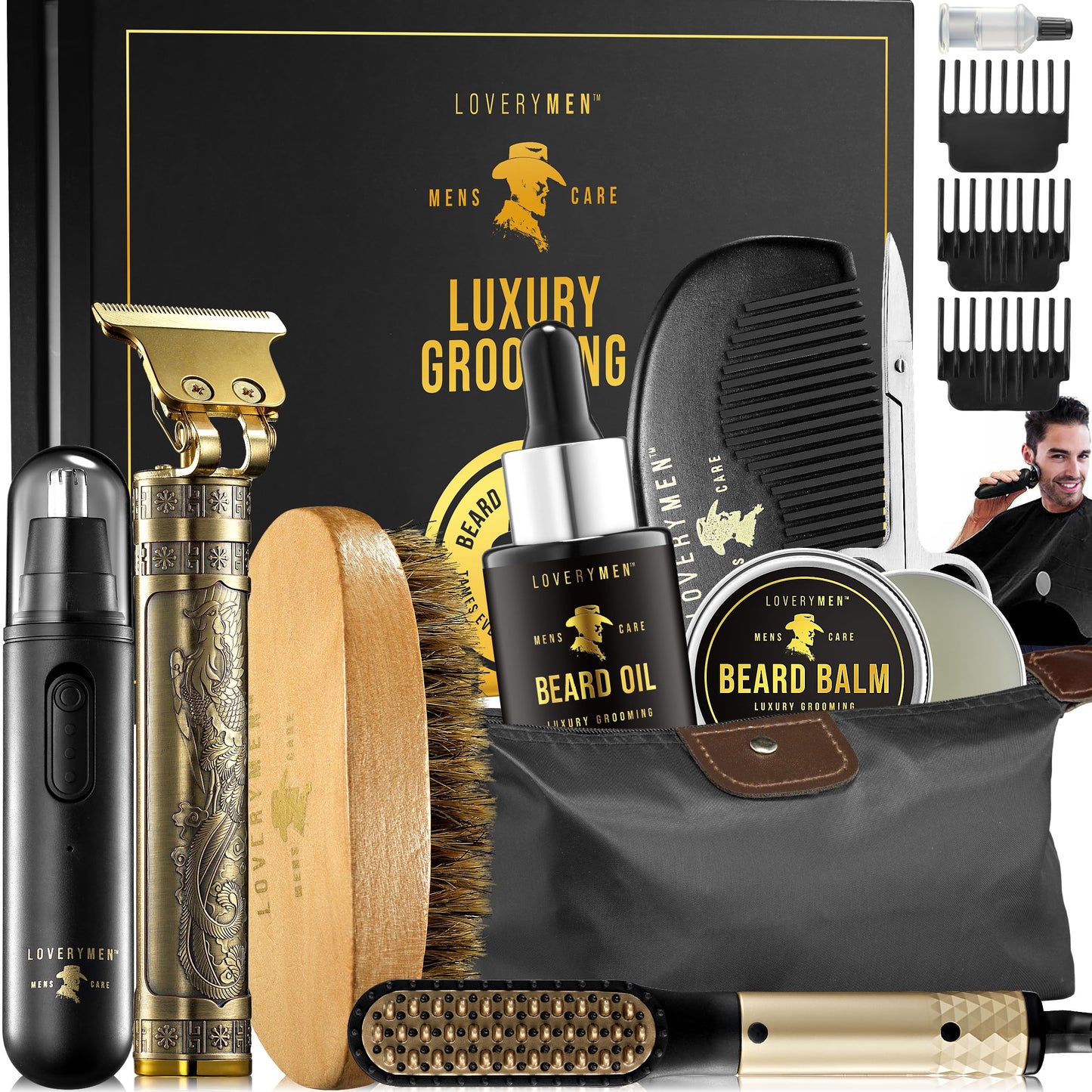 Christmas Gifts for Men, Dad, Him - Mens Grooming Beard Kit, Beard Trimmer, Nose Hair Trimmer, Hair Straightener Brush, Oil, Balm & More, 15pc Beard Kit for Men Care Mens Gift Birthday