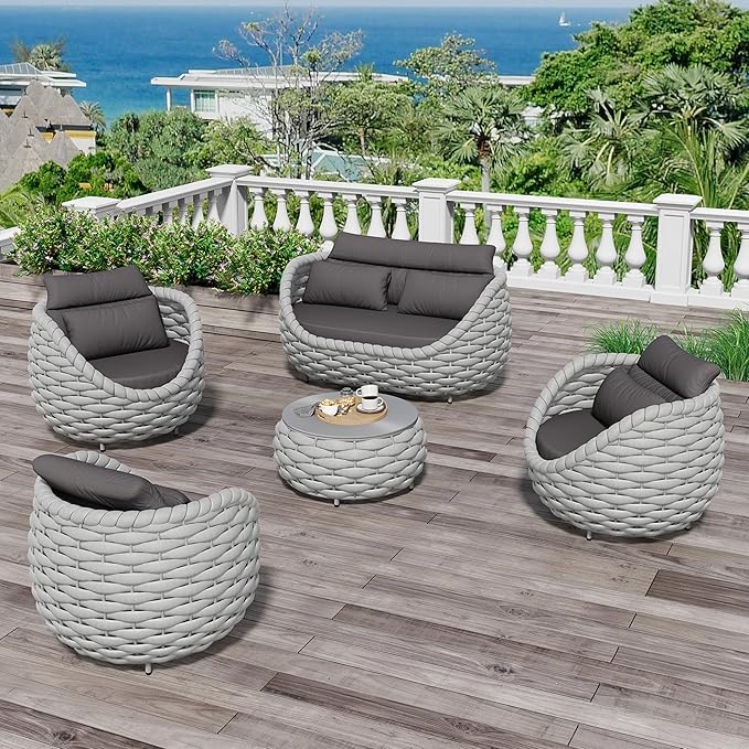 Erotr Fully Assembled Patio Furniture Set: 5-Piece Woven Rope Outdoor Conversation Set Cushioned - Modern Metal Deck Loveseat Chair Table Set - Porch Seating for Courtyard Garden Poolside Hotel Resort