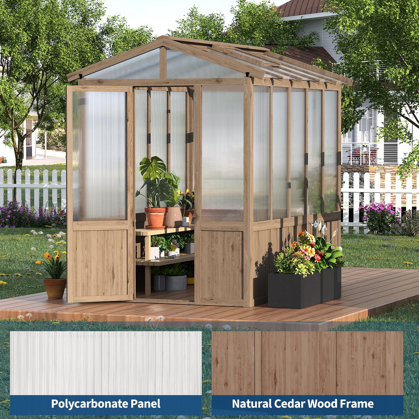 GarveeLife 6x8FT Wooden Greenhouses for Outdoors, Wooden Walk-in Green House with Cedar Frame, Greenhouse Kit with 6MM Thick Polycarbonate Panel