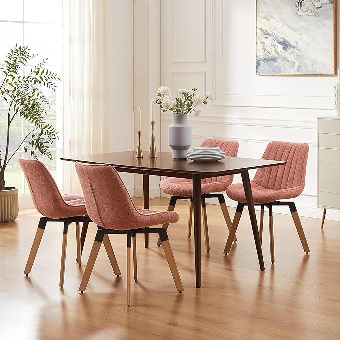Art Leon Swivel Dining Chairs Set of 2, Mid Century Modern Kitchen Dining Room Chairs, Upholstered Fabric Armless Side Chair with Wood Legs for Living Room Bedroom, Rose