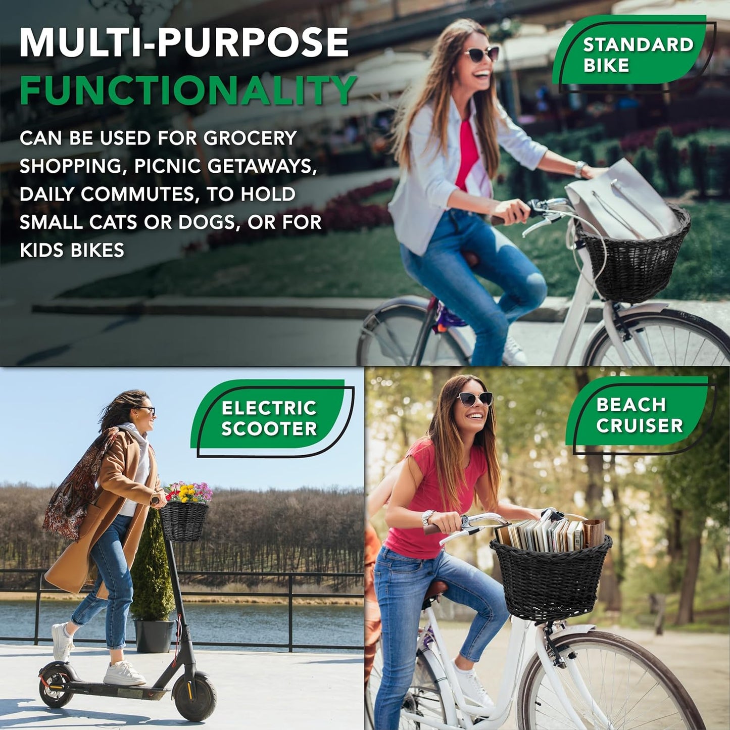 ProSource Wicker Bike Basket Front Cargo for Women and Men, Fits Most Bikes, Beach Cruiser, Stationary Bike, Ebike, Road Bike, Black