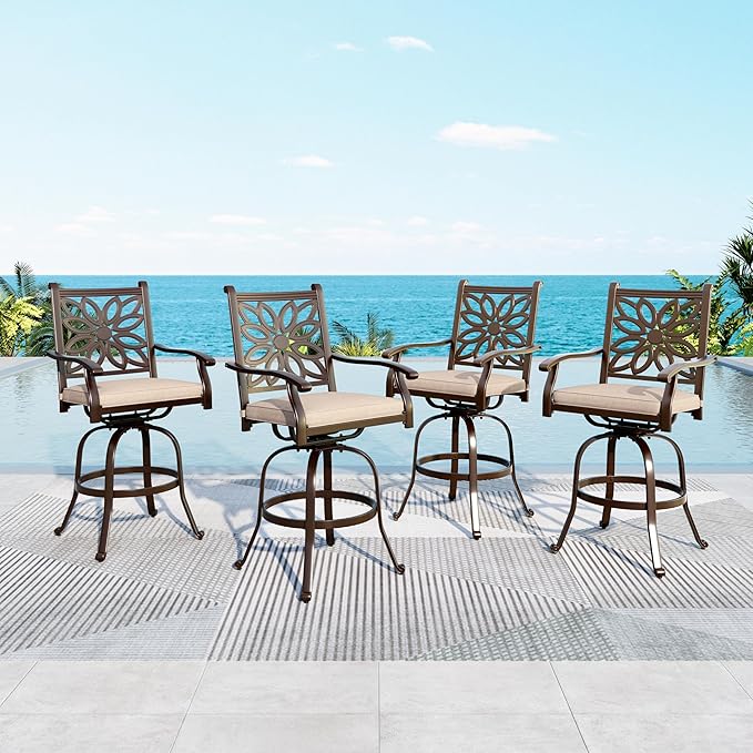 MFSTUDIO Patio Outdoor Barstools Set of 4, Cast Aluminum Swivel Dining Chairs, Counter Bar Height Outdoor Patio Chairs with Extra Wide Seat and Cushion, Brown, 350lbs