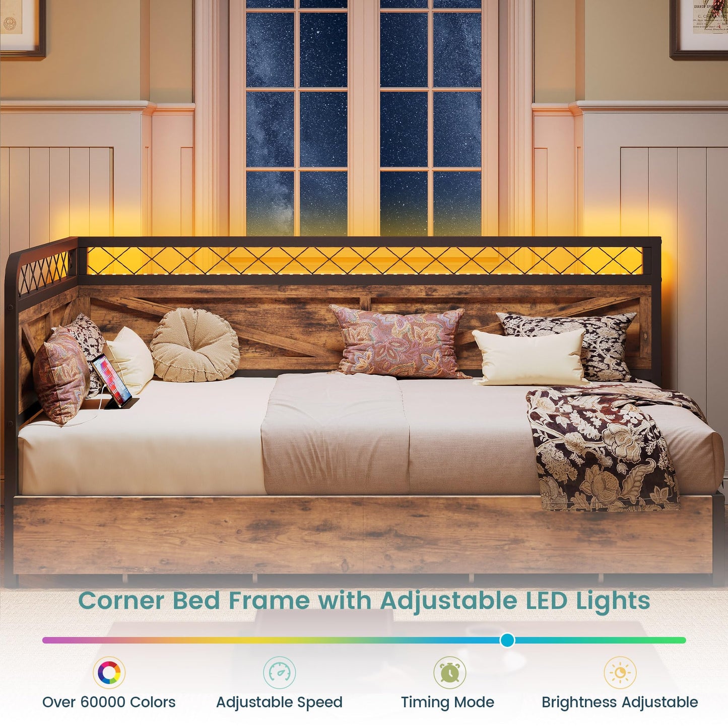 ANCTOR Twin Daybed with Storage Drawers, Corner Bed Frame with LED Lights and Charging Station for Living Room, Bedroom and Guest Room, Industrial Brown