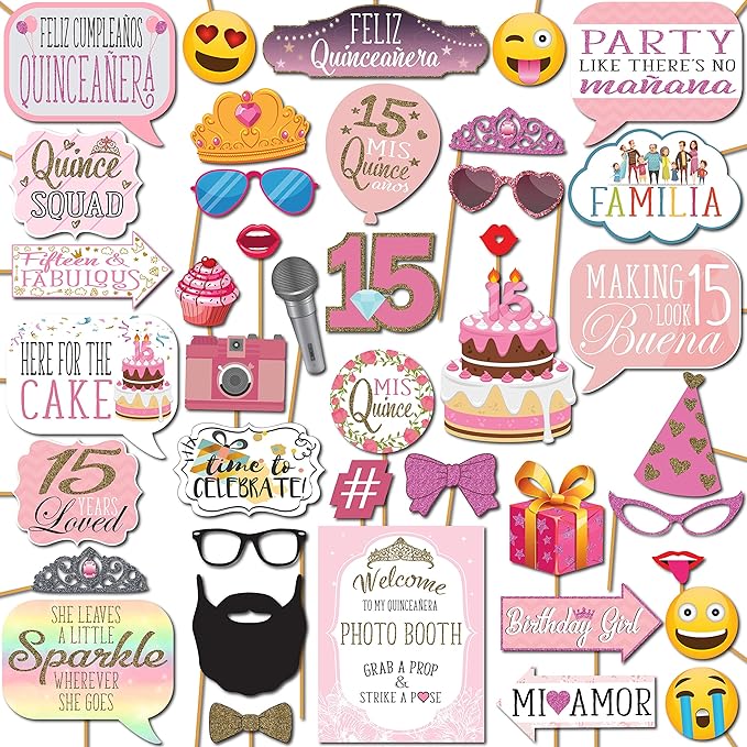 Quinceanera Photo Booth Props - 41-pc Photobooth Kit with 8 x 10-Inch Sign, 60 Adhesive Pads, 45 Sticks - Sweet 15 Photo B...
