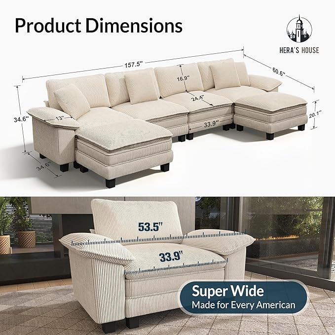 HERA'S HOUSE 158" Modular Sectional Sofa, Oversized U Shaped Couches for Living Room, Comfy Cloud Couch with Ottoman, 6-Seater Deep Seat Sofa with Throw Pillow, Corduroy Beige