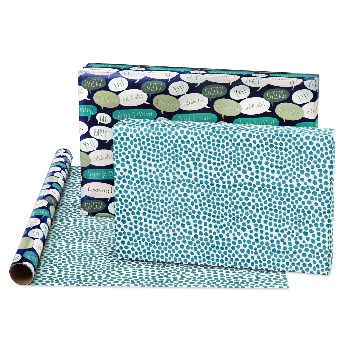 American Greetings 160 sq. ft. Reversible Wrapping Paper Bundle for Birthdays, Baby Showers and All Occasions, Balloons, Blue Polka Dots and Plaid (4 Rolls, 30 in. x 16 ft.)