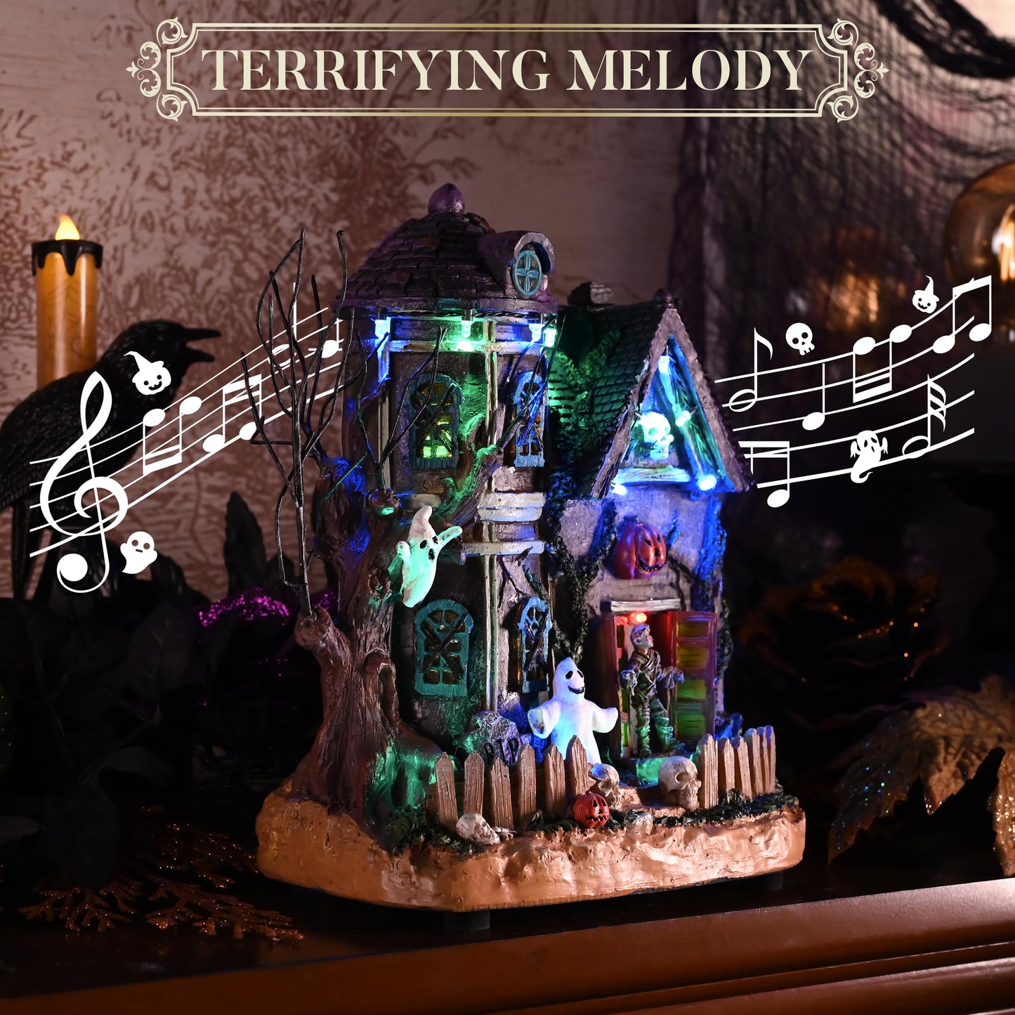 Valery Madelyn Halloween Decorations, Lighted Halloween Village Houses with Music and LED Lights, Resin Spooky Town Mummy's Haunted House for Home and Party Table Desk Mantel, 8 Inch