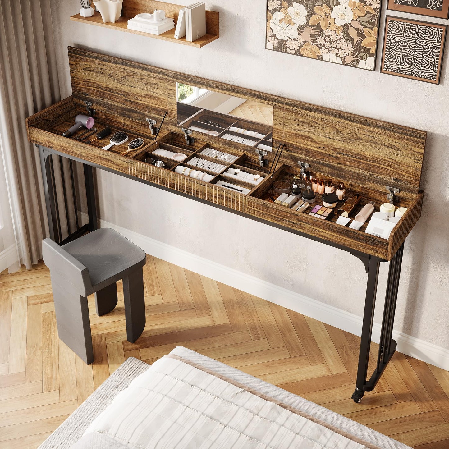 Tribesigns 78.8-Inch Large Over Bed Table with Wheels, Mobile Computer Desk Makeup Vanity Desk with Storage, Standing Laptop Cart, Overbed Makeup Table for Bedroom, Brown