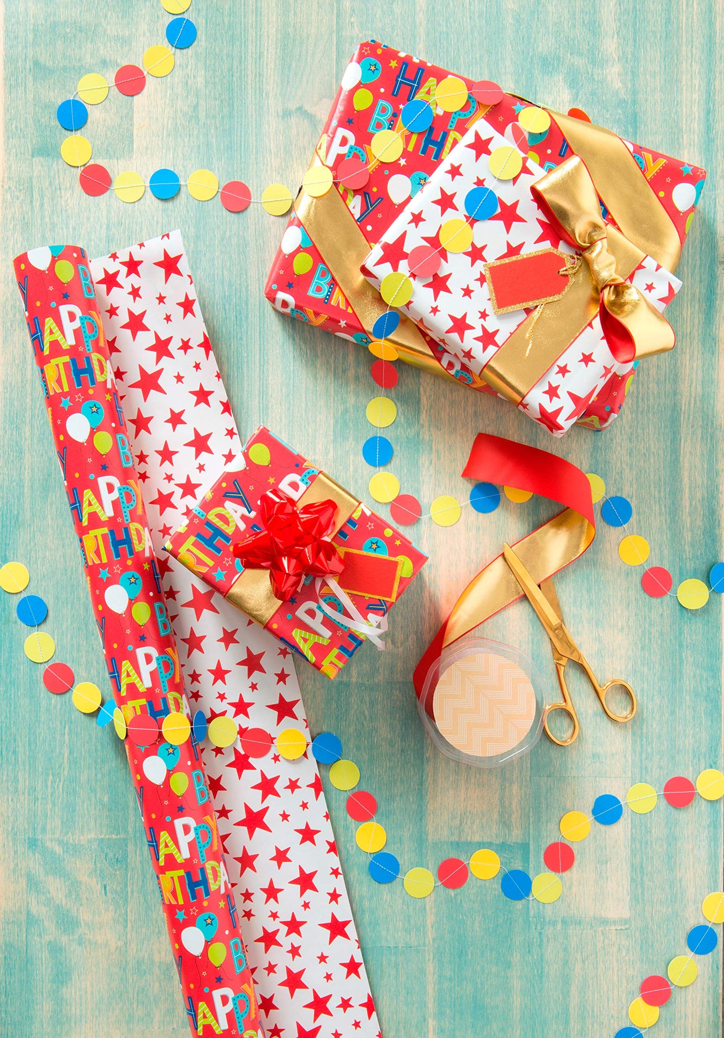 American Greetings 175 sq. ft. Reversible Wrapping Paper, for Birthdays, Happy Birthday Lettering and Stars (1 Jumbo Roll, 30 in. x 70 ft.)
