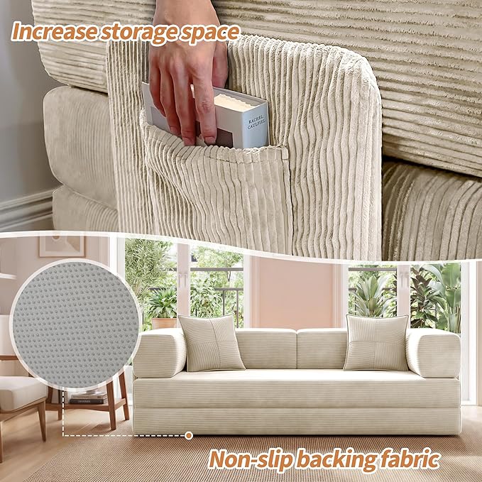 Fancyfire 78.8" Convertible Sofa Bed with Armrest Pillow,4-in-1 Sleeper Couch Bed for Livingroom,Modular Corduroy Boneless couches,No Assembly (Beige)