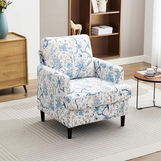 Weture Mid-Century Accent Chair,Modern Linen Fabric Armchair for Living Room,Comfy Upholstered Reading Accent Chairs for Bedroom,Single Sofa Chair with Wood Legs (Blue Flowered Bird, 1 Pack)