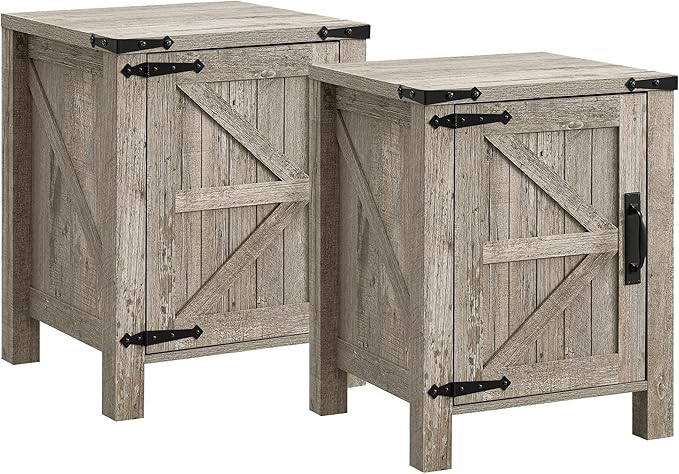 OKD Farmhouse Nightstand Set of 2 with Charging Station, 18 Inch Rustic End Table with Barn Door Cabinet, Adjustable Storage Shelf, Wood Sofa Side Table for Living Room, Bedroom, Light Rustic Oak