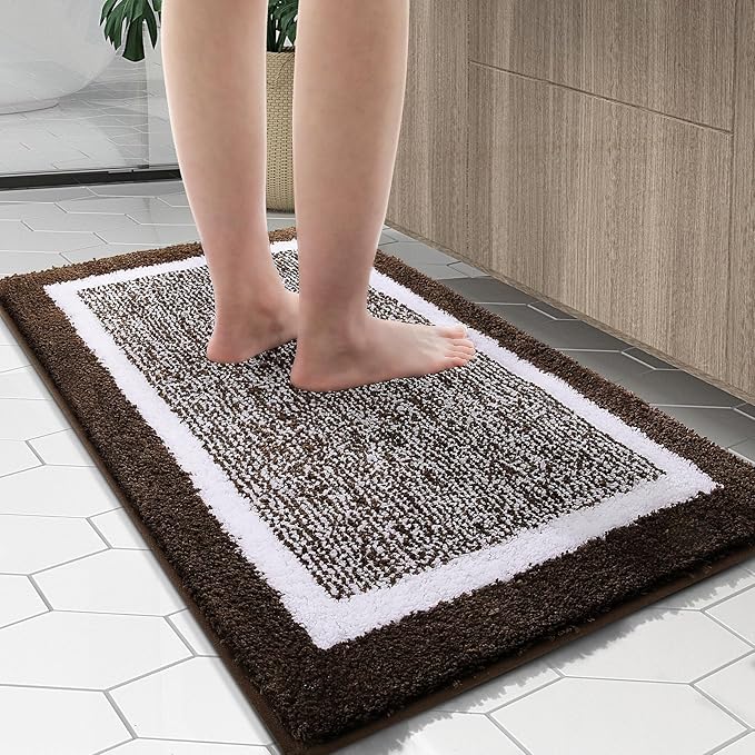 OLANLY Bathroom Rugs 24x16, Extra Soft and Absorbent Microfiber Bath Mat, Non-Slip, Machine Washable, Quick Dry Shaggy Bath Carpet, Suitable for Bathroom Floor, Tub, Shower (Small, Brown)