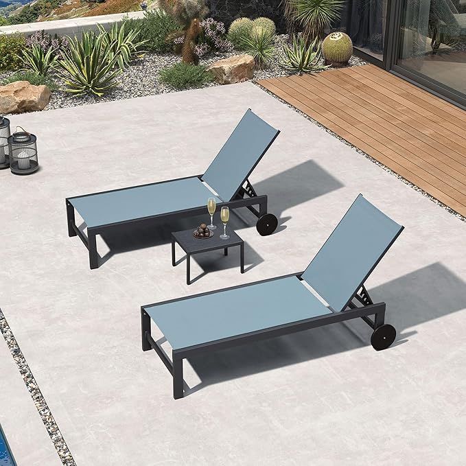 PURPLE LEAF Patio Lounge Chair Set for 2 Outdoor Chaise Lounge with Adjustable Backrests and Wheels Aluminum Reclining Pool Chair for Outside Yard Poolside Table Included, Teal